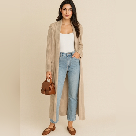 J. Crew Tan Ribbed Knit Hooded Maxi Open Front Cardigan Duster Size M - Picture 1 of 6